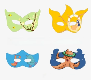 Detailed grid showing four diverse cartoon paper mask designs for children's DIY crafts