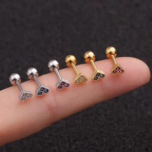 Heart Cartilage Stud Earring Stainless Steel Bar And Copper Inlaid Zircon Mini Colorful Simple Piercing Jewelry