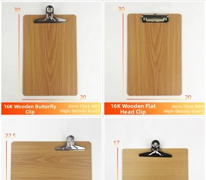 Detail view of 4mm thick MDF wood clipboards with butterfly and flat head clips
