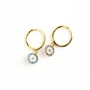 S925 sterling silver golden evil eye hoop earrings with blue and clear pavé crystals