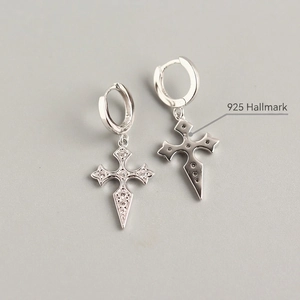 Baroque style S925 sterling silver hoop earrings with sparkling cross pendants