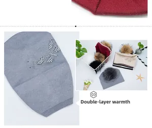 Détails de papillon en strass et perles sur le bonnet d'hiver en maille chaude