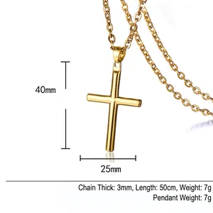 Polished gold stainless steel cross pendant necklace with 40x25mm size and 50cm chain link