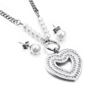 Elegant silver heart necklace with zircon pendant and white round pearl earring set