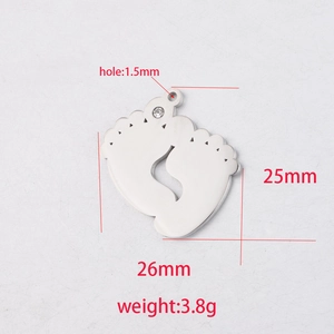 Polished stainless steel baby feet pendant with rhinestone and size dimension labels
