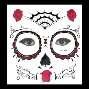 Detailed Day of the Dead face tattoo stickers with red roses and sugar skull motifs