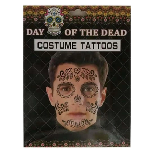 Detailed Day of the Dead face tattoo packaging showing black costume sticker designs