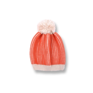 Winter striped knit beanie with pompom for kids, warm orange and beige ribbed design