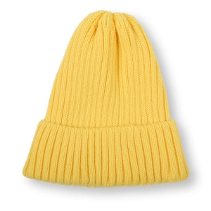 Classic bright yellow ribbed knit beanie for kids with a wide fold-over cuff design