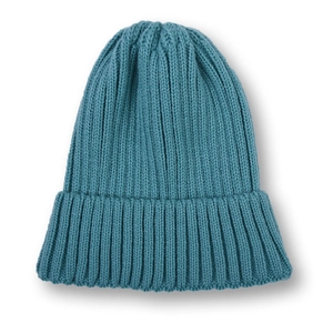 Classic cyan blue knit beanie for children featuring thick ribbed texture and fold-over cuff