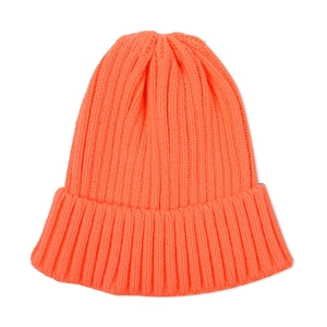 Neon orange ribbed knit beanie for children featuring a classic cuffed winter design