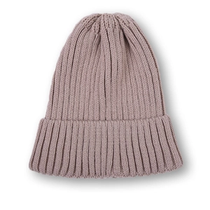 Pink rib-knit beanie for kids made of soft winter yarn with a classic folded cuff
