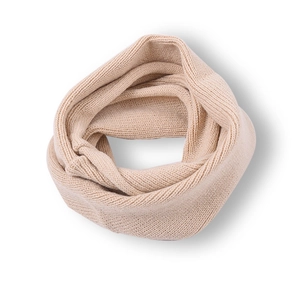 Detail view of cream knit infinity scarf for children with soft ribbed texture pattern