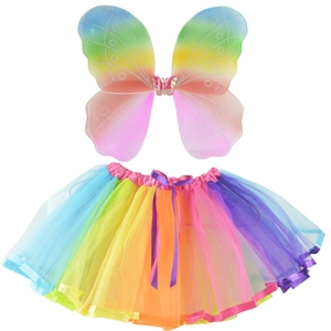 Rainbow Mesh Tutu Skirt And Butterfly Wings Costume Accessory For Girls Dance Performance Halloween Party Fancy Dress Up