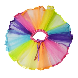 Rainbow mesh tutu skirt for girls with colorful layers and a purple satin bow detail