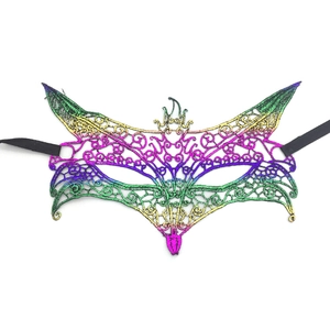 Detail view of the rainbow embroidery lace mask with metallic gradient and black ribbons