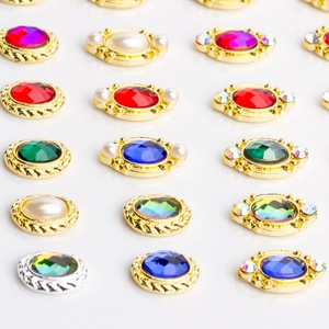 Oval gemstone alloy charms in gold and silver frames for nail art and DIY jewelry