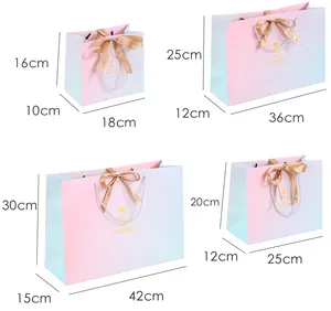 Size chart for gradient paper gift bags with golden ribbons and RICH AND COLOURFUL text