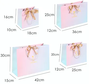 Size chart for gradient paper gift bags with golden ribbons and RICH AND COLOURFUL text