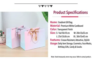 Detail showing gradient paper gift bags in four sizes with elegant ribbon handles