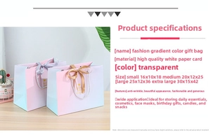 Detail showing gradient paper gift bags in four sizes with elegant ribbon handles