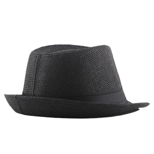 Classic black straw Panama jazz hat with woven ribbon band and breathable summer design