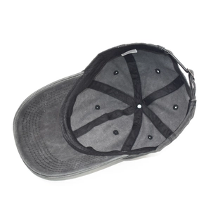 Adjustable dark grey washed cotton baseball cap with six-panel design and premium inner lining