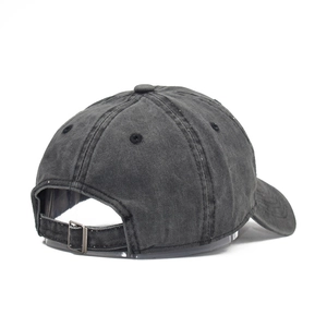Rear view of washed grey cotton baseball cap with adjustable metal buckle strap