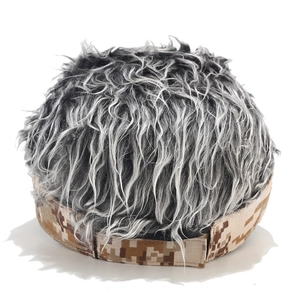 Camo baseball cap with grey synthetic wig hair displayed on a clean white background