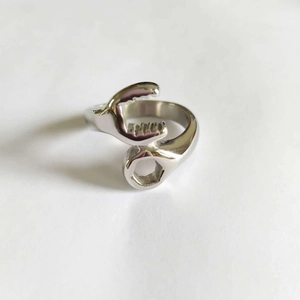 Detailed view of silver-colored wrench shaped stainless steel biker ring for men