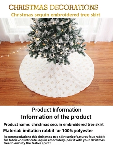 Detail of white plush Christmas tree skirt with gold sequins and faux rabbit fur texture