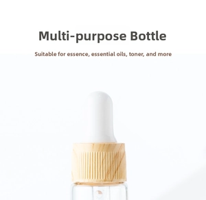 Detailed close-up of glass dropper bottle with wood grain cap for oils and serums