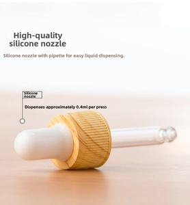 Detail of wood grain dropper cap with 0.4ml dosage precision for essential oil bottles