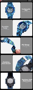 Detail view of the waterproof digital sports watch showing 5ATM and EL backlight specs