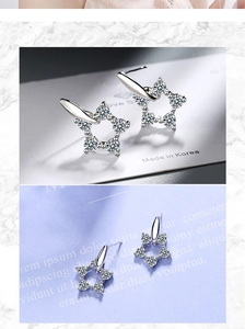 Detailed view of silver star stud earrings with sparkling round cubic zirconia stones