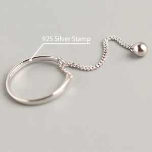 Minimalist S925 sterling silver tassel ring with ball chain and 925 hallmark stamp