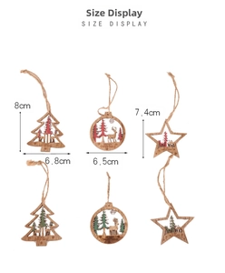 Size chart for 3D hollow Christmas ornaments showing dimensions of red and green wood designs