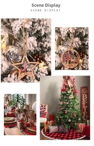 Detail of wooden Christmas ornaments with hollow reindeer and snowflake carvings