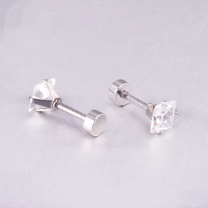 Detail of four-prong square stud earrings with screw-back flat design in silver steel