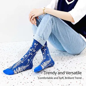 Dark blue crew socks with white leaf pattern, stylish cotton blend unisex hosiery