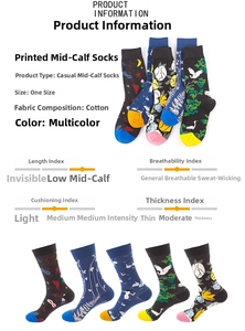 Detail view of cotton crew socks showing multiple colorful patterns and fabric specifications