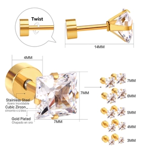 Square cubic zirconia stud earrings set in 18k gold plated stainless steel with screw backs