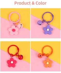 Macro detail of colorful flower bell keychains in four vibrant pastel color variants