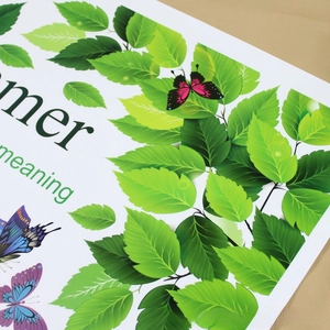 Detail of green leaf and colorful butterfly wall stickers with natural texture and vibrant colors