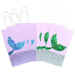 Mermaid gift bags with holographic tails and purple background, 6-piece assorted paper bags