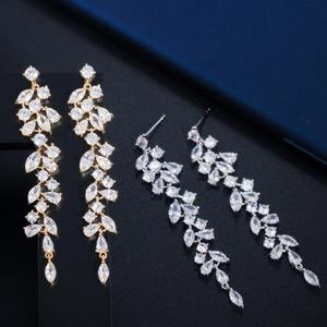 Elegant long teardrop tassel earrings with petal design and sparkling zircon crystals