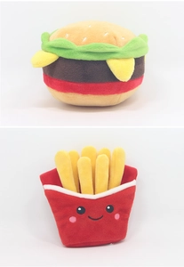 Detailed plush burger and smiling french fries toys with internal squeaker and crinkle paper