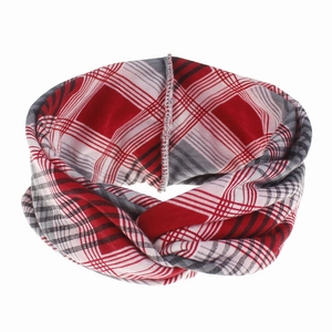 Detail of red and white checkered knit headband with a stylish crossover twist design