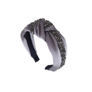Deep grey knotted wide headband with sparkling crystal beads and satin silk texture