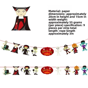Detail specifications for 3m Halloween paper banner with vampire and cartoon character patterns